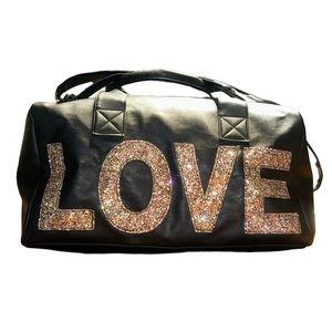 OMG Accessories LOVE Duffle Bag - Shoulder Strap & Handles Faux Black Leather